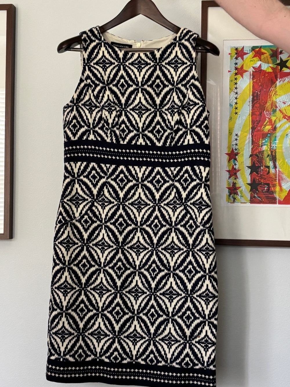 Jones New York Navy and Cream Geometric Midi Sheath Dress